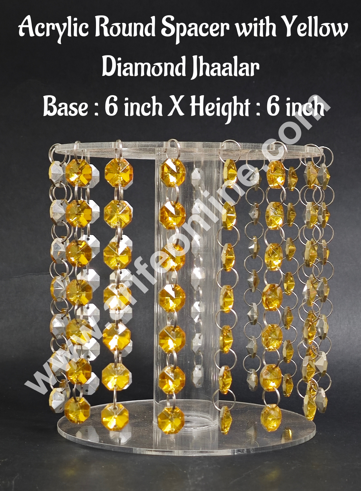CAKE DECORβ’ 6-Inch Acrylic Round Spacer with Yellow Diamond Jhaalar | Elegant Cake & Cupcake Decoration Stand/Spacer
