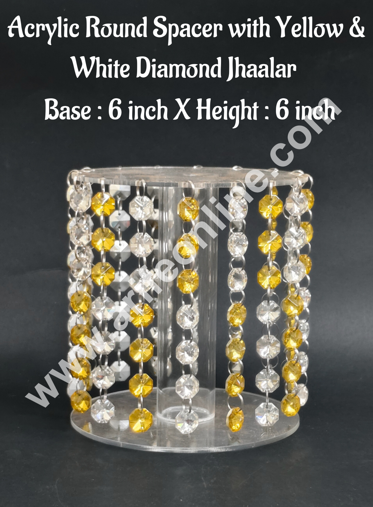 CAKE DECORβ’ 6-Inch Acrylic Round Spacer with Yellow & White Diamond Jhaalar | Elegant Cake & Cupcake Decoration Stand/Spacer