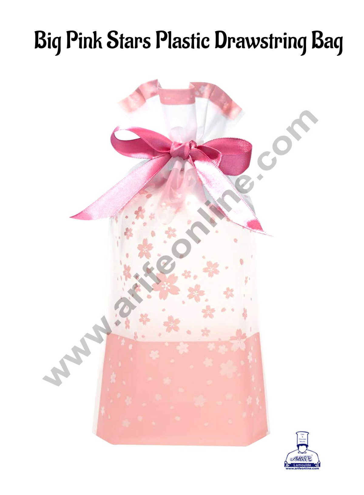 Cake Decor β’ Big Pink Stars Plastic Drawstring Bag Treat With Ribbon (10 pc)