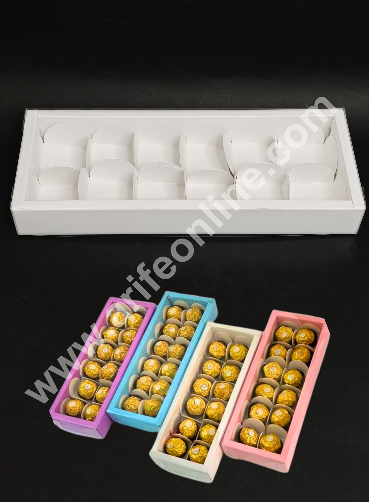 CAKE DECORβ’ 12 Cavity Premium Chocolate Box with Clear Lid | White | 1 Piece Pack