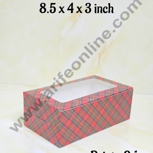 CAKE DECOR™ Red & Blue Checks Christmas Theme Plum Cake Box Clear Window, Plum Carriers- Big (10 Pcs Pack)