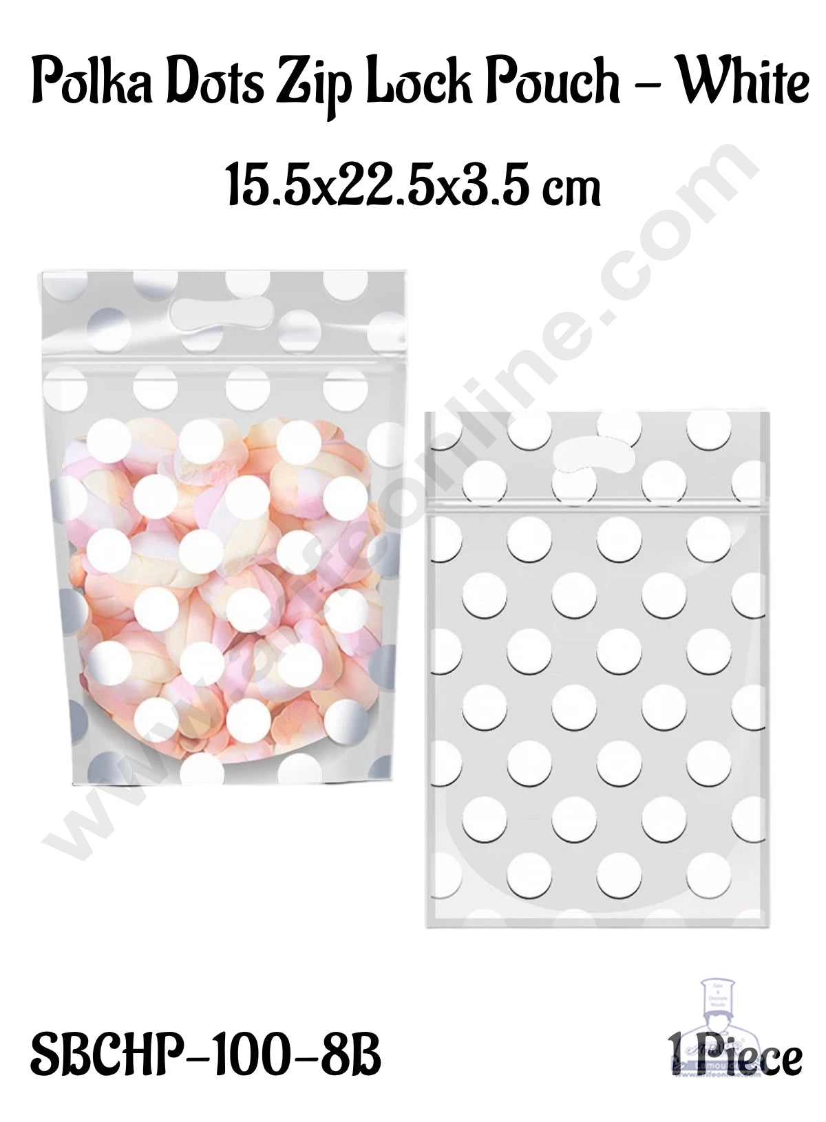CAKE DECOR™ Polka Dots Zip Lock Pouch - White| 15.5x22.5x3.5 cm (SBCHP-100-8B)| 1 Piece