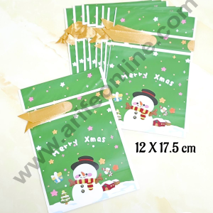 Cake Decor ™ Small Green Color Christmas Theme Cookie pouch Plastic Drawstring Bag Treat With Ribbon | Design - 02 | Pack of 10 | (12cm X 17.5cm)
