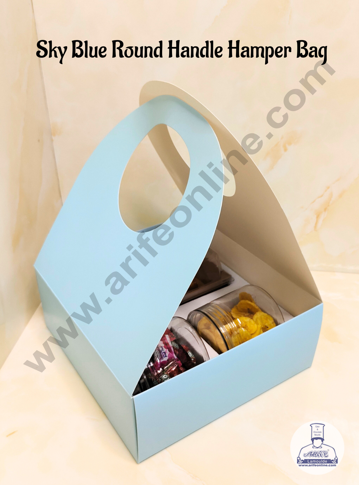 CAKE DECOR™ Round Handle Hamper Box With Cavity (Sky Blue) | Gift Box | Gift Bag With Handle (1 Pc Pack)