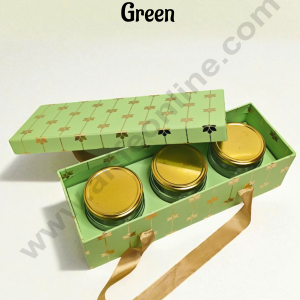 Green 3 Jar Cavity Hamper Box with Gold Lotus Design & Ribbon Handle | 34 X 12 X 9 cm | 1 pc - CAKE DECOR™