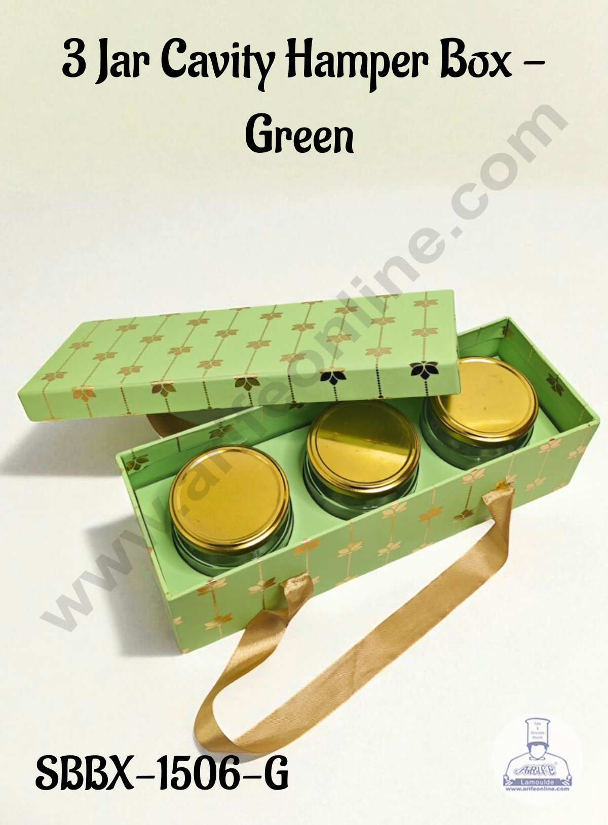 Green 3 Jar Cavity Hamper Box with Gold Lotus Design & Ribbon Handle | 34 X 12 X 9 cm | 1 pc - CAKE DECOR™
