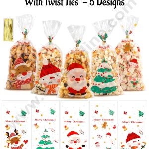 CAKE DECORβ’ Christmas Theme Long Cookie Pouch With Twist Ties - 5 Designs (SBCHP-100-9) - Assorted 50 Pieces Pack