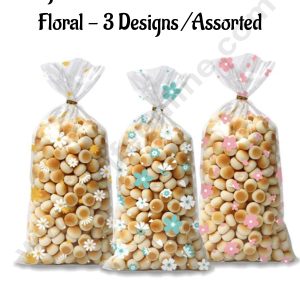 CAKE DECORβ’ Long Cookie Pouch With Twist Ties Floral - 3 Designs /Assorted (SBCHP-100-10A) - 50 Pieces Pack