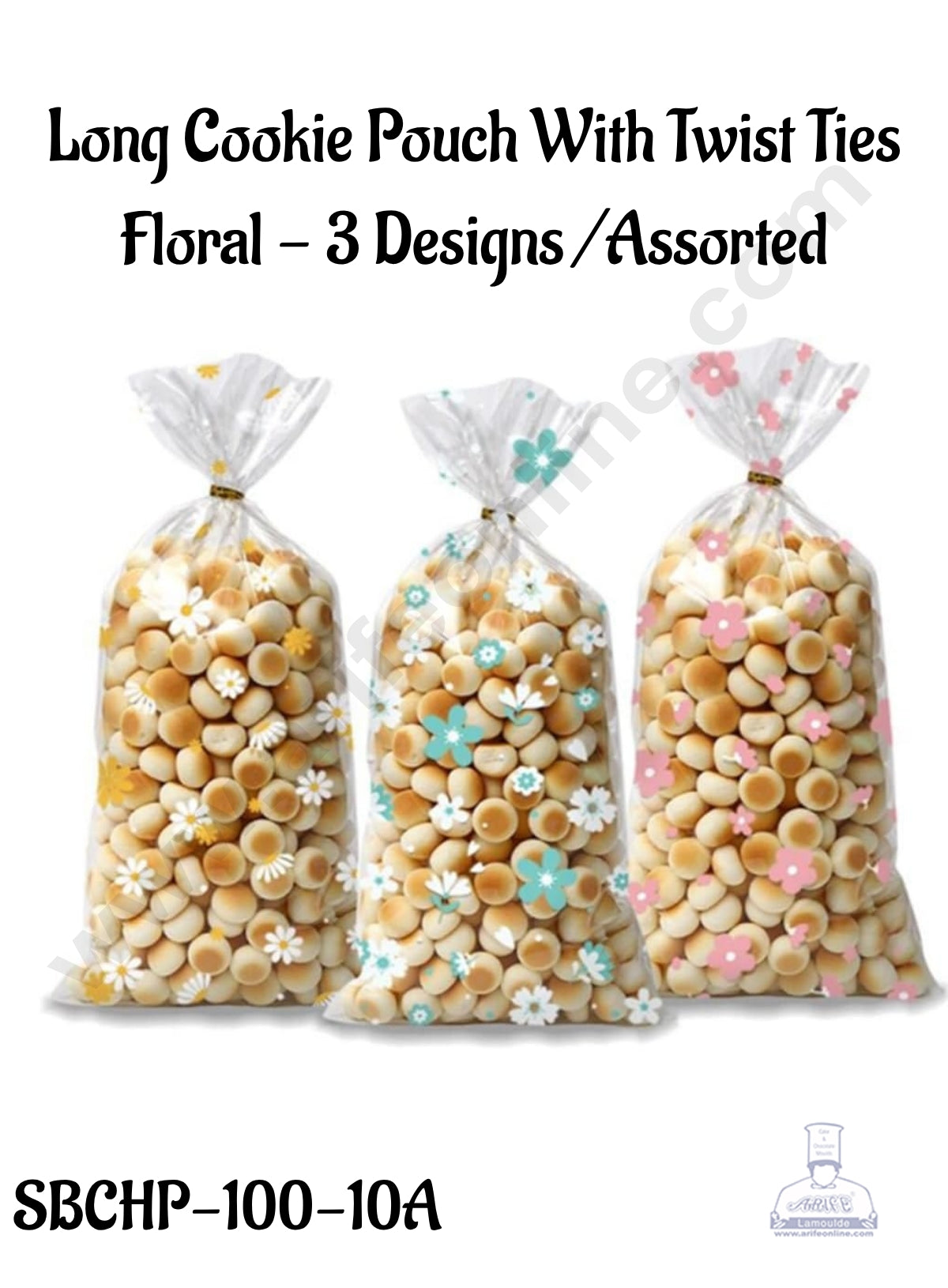 CAKE DECOR™ Long Cookie Pouch With Twist Ties Floral - 3 Designs /Assorted (SBCHP-100-10A) - 50 Pieces Pack