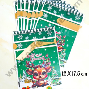 Cake Decor ™ Small Green Color Christmas Theme Cookie pouch Plastic Drawstring Bag Treat With Ribbon | Design - 03 | Pack of 10 | (12cm X 17.5cm)