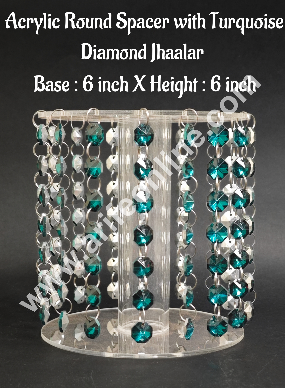 CAKE DECOR™ 6-Inch Acrylic Round Spacer with Turquoise Diamond Jhaalar | Elegant Cake & Cupcake Decoration Stand/Spacer