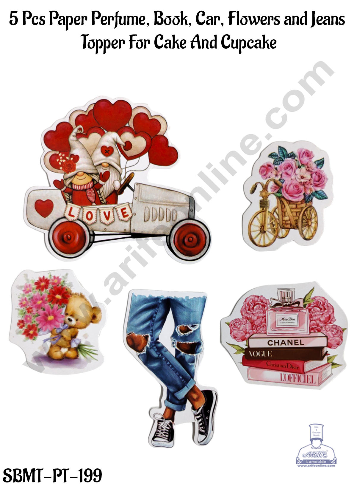 CAKE DECOR™ 5 Pcs Paper Perfume, Book, Car, Flowers And Jeans Topper For Cake And Cupcake