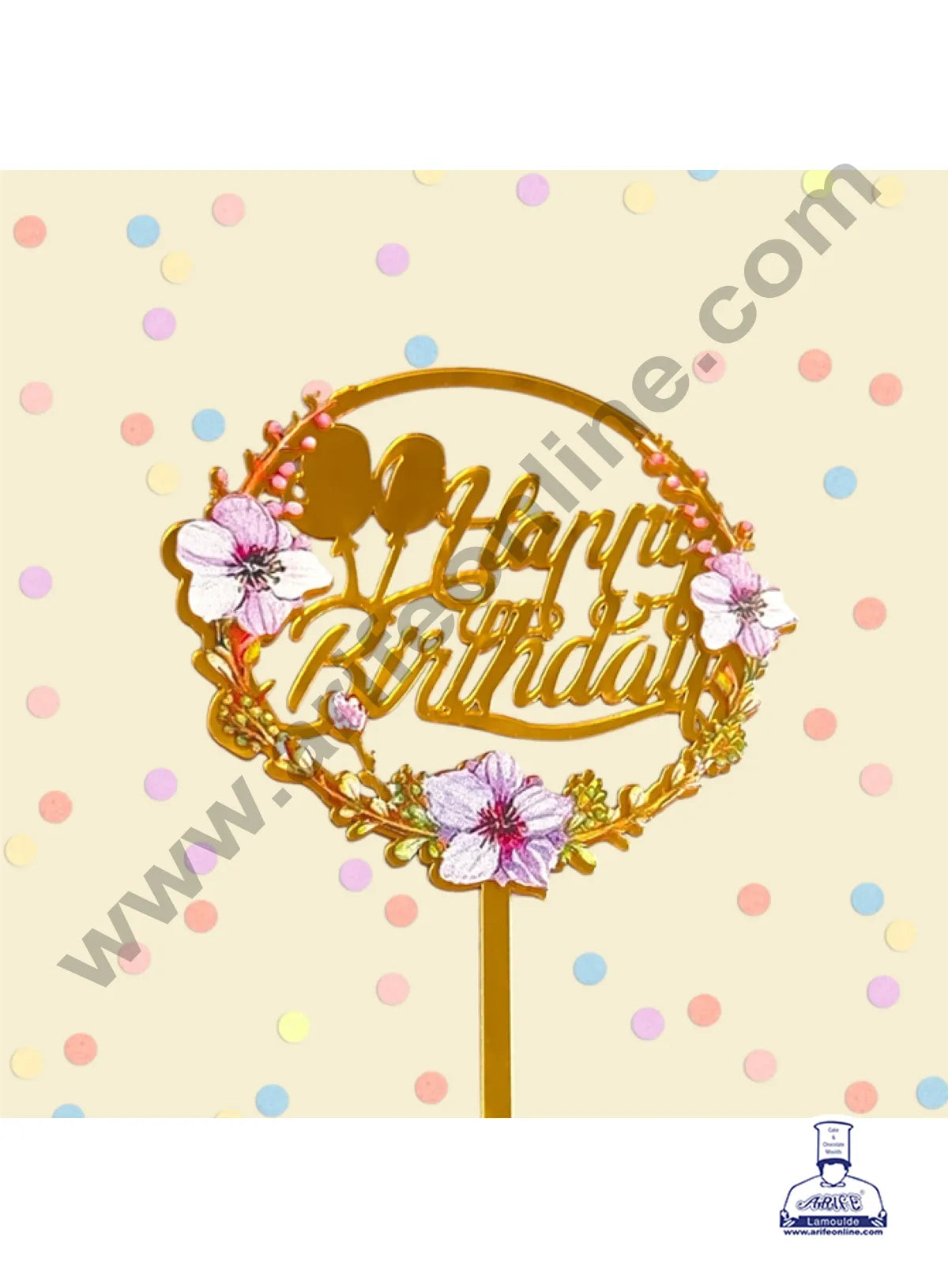 CAKE DECORβ’ 5 Inch Imported Printed Cake and Cupcake Topper - Happy Birthday Round Floral Theme -02