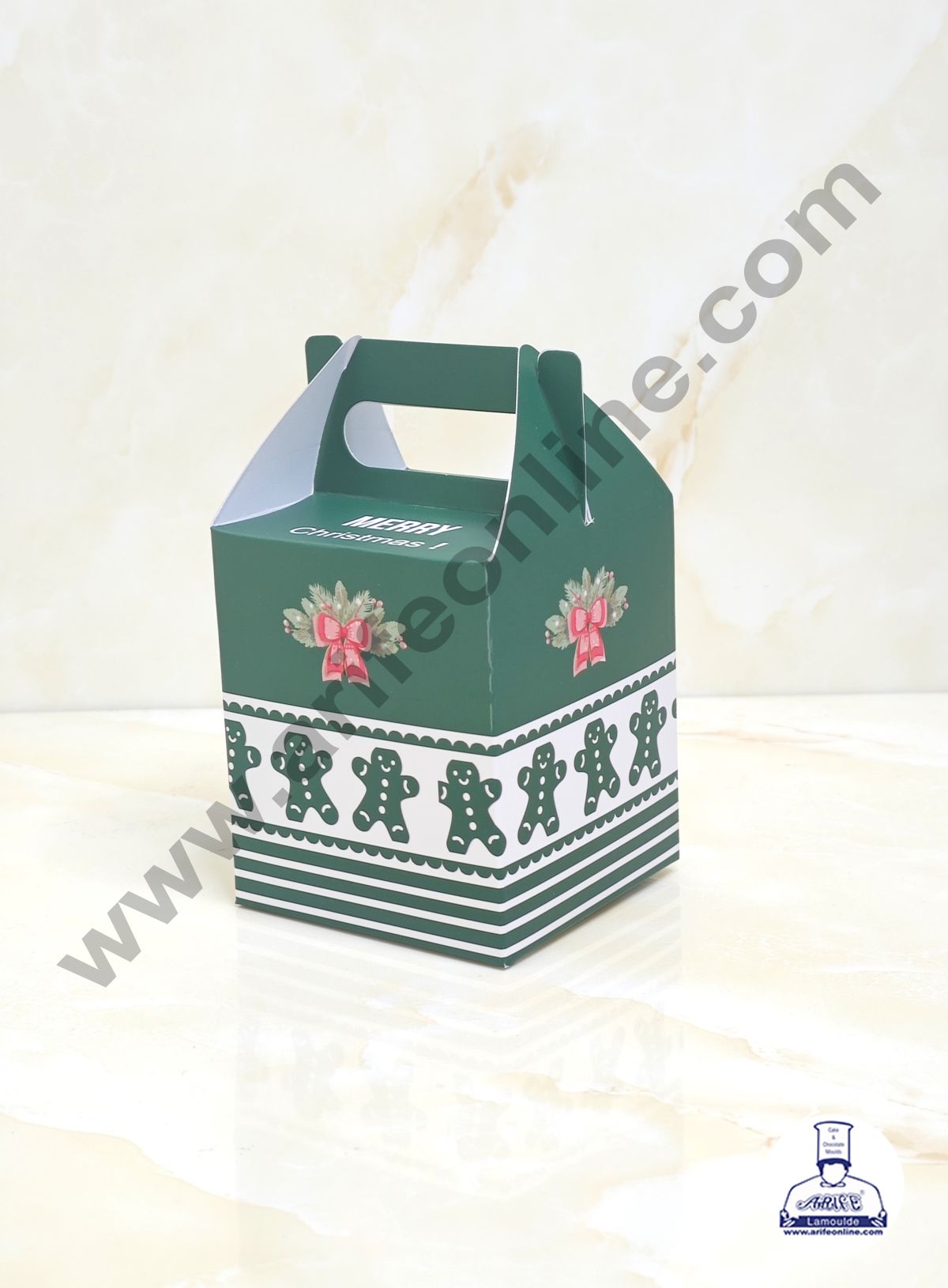 CAKE DECOR™ Fancy Merry Christmas Print Box with Ginger Bread Man Gift Box With Handle | Candy Box | Cookies Box | Sweet Treats Box - Green (10 Pcs Pack) (SBBX-XMAS-01)