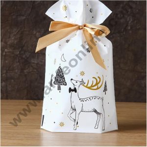 Cake Decor ™ Big White Color Christmas Theme Cookie pouch Plastic Drawstring Bag Treat With Ribbon | Design - 01  | Pack of 10 | (23cm X 15cm)