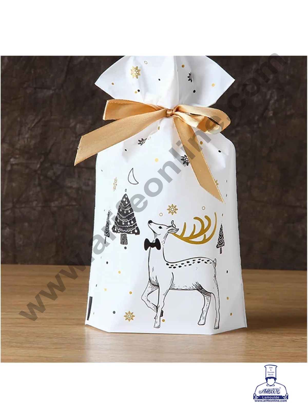 Cake Decor β’ Big White Color Christmas Theme Cookie pouch Plastic Drawstring Bag Treat With Ribbon | Design - 01 | Pack of 10 | (23cm X 15cm)