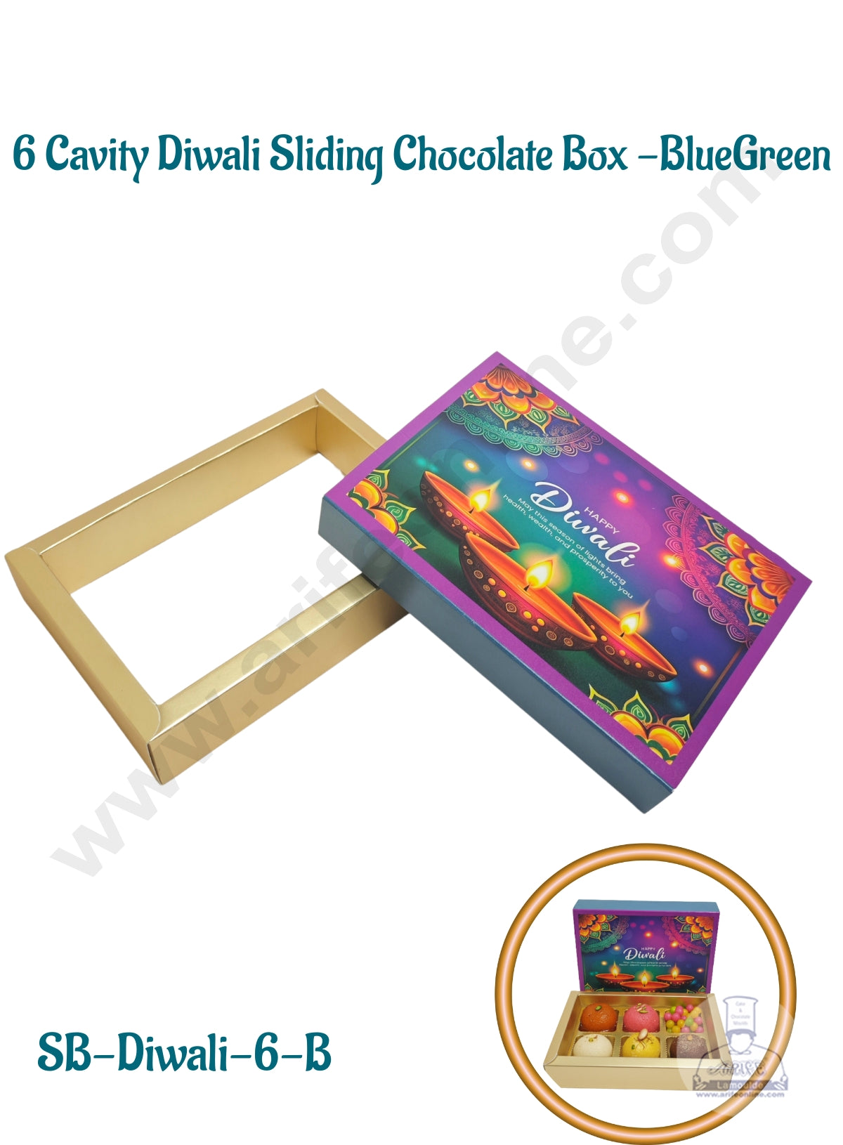 6 Cavity Diwali Sliding Chocolate Box Without Cavity - Blue Green (10 Pcs Pack) - CAKE DECORβ’