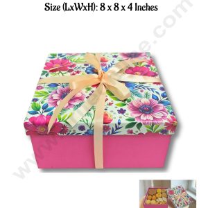 Pink Floral Hard Hamper Box With Ribbon Top Bottom Box | Gift Box | Present Box - 1 Pc - CAKE DECOR™