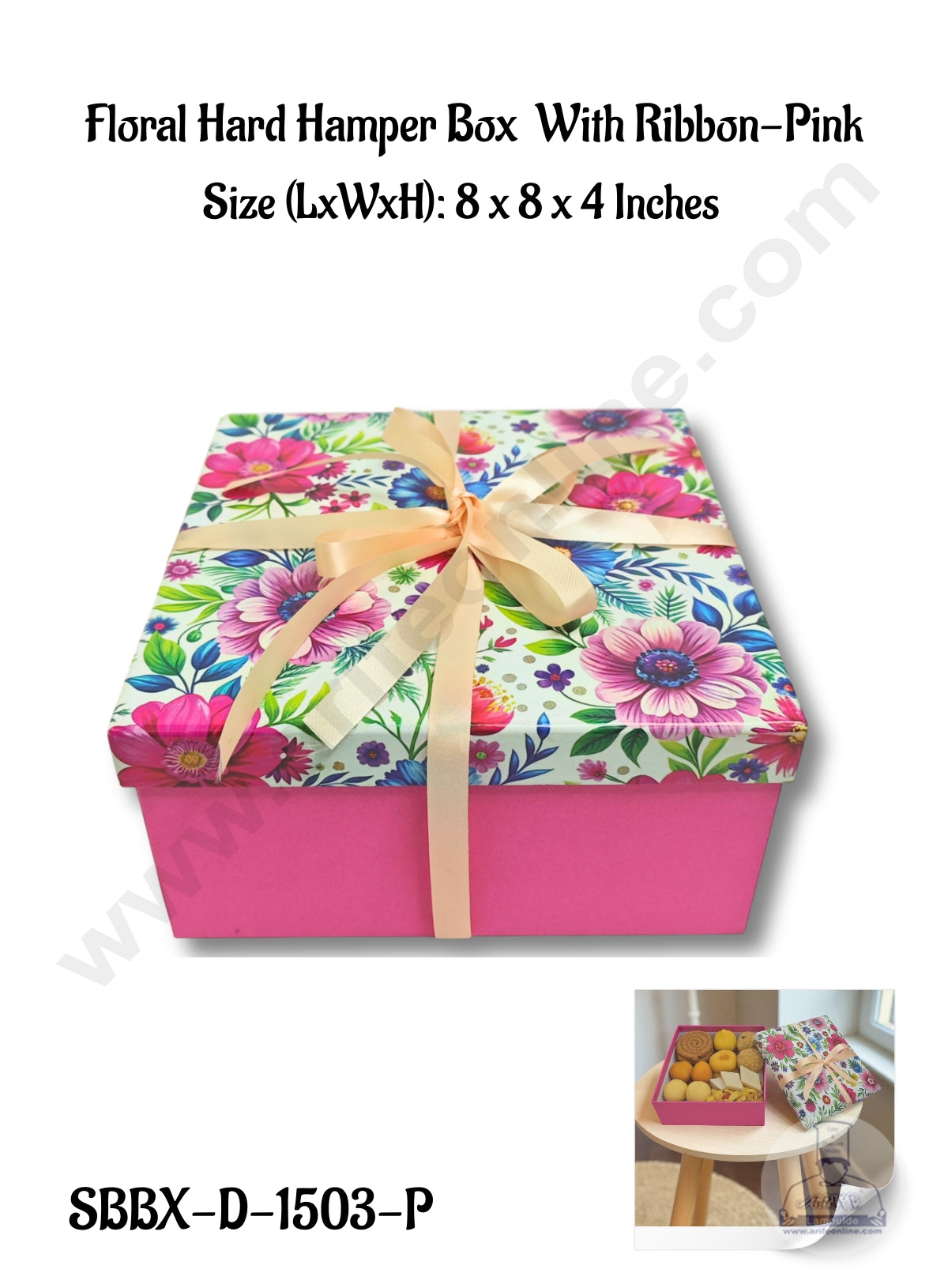 Pink Floral Hard Hamper Box With Ribbon Top Bottom Box | Gift Box | Present Box - 1 Pc - CAKE DECORβ’