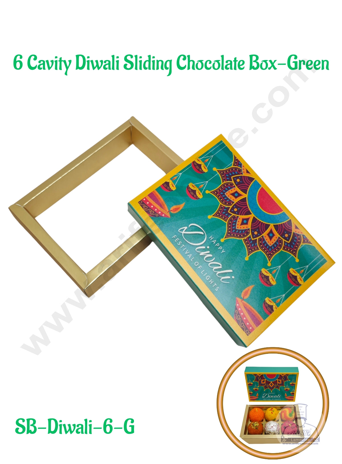6 Cavity Diwali Sliding Chocolate Box Without Cavity - Green (10 Pcs Pack) - CAKE DECOR™
