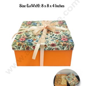 Orange Floral Hard Hamper Box With Ribbon | Top Bottom Box | Gift Box | Present Box - 1 Pc - CAKE DECORβ’
