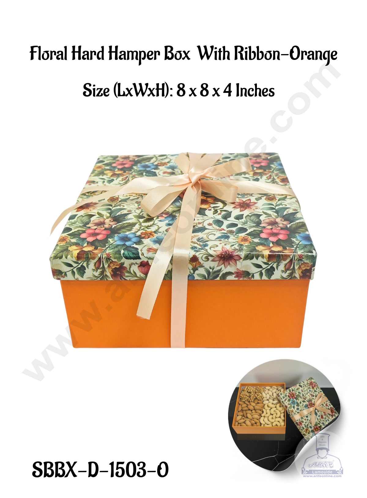 Orange Floral Hard Hamper Box With Ribbon | Top Bottom Box | Gift Box | Present Box - 1 Pc - CAKE DECOR™