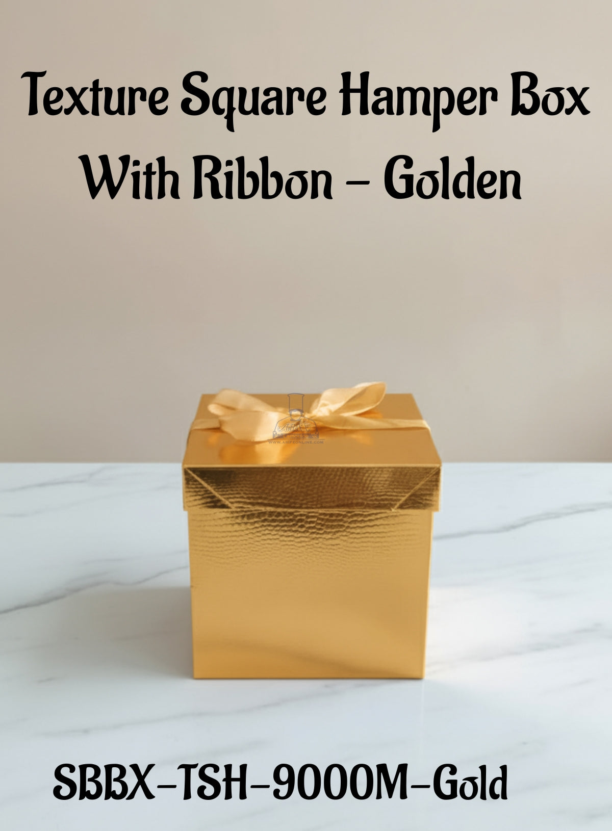 Texture Square Hamper Box With Ribbon - Golden | 15 x 15 x 15 cm | 1 Piece - CAKE DECOR™