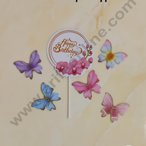 CAKE DECOR™ 6 pcs Pink Round Happy Birthday Day Tag with Multi Colour Glitter Butterfly Paper Topper For Cake And Cupcake