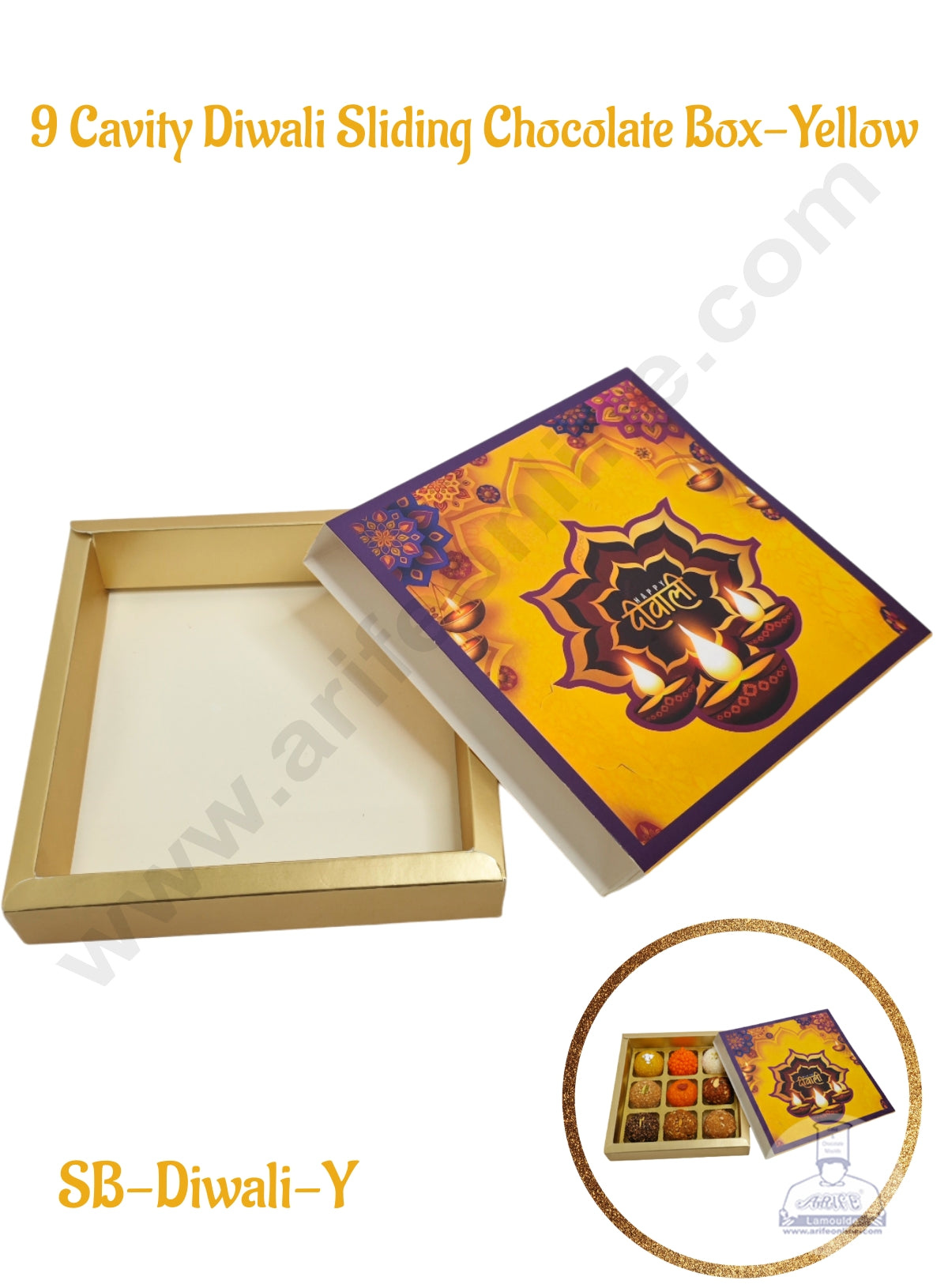9 Cavity Diwali Sliding Chocolate Box Without Cavity - Yellow (10 Pcs Pack) - CAKE DECOR™