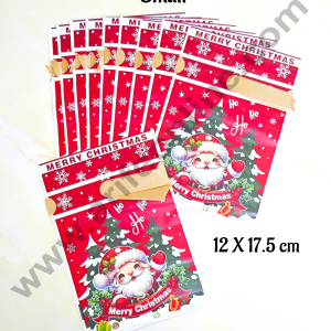 Cake Decor ™ Small Red Color Christmas Theme Cookie pouch Plastic Drawstring Bag Treat With Ribbon | Design - 01 | Pack of 10 | (12cm X 17.5cm)