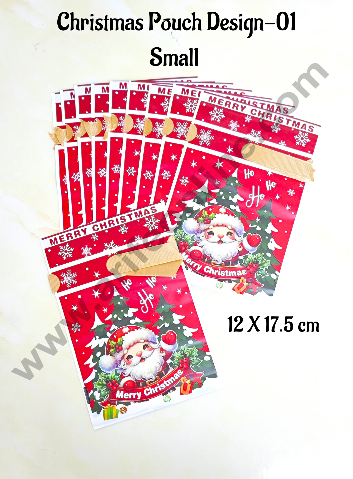 Cake Decor β’ Small Red Color Christmas Theme Cookie pouch Plastic Drawstring Bag Treat With Ribbon | Design - 01 | Pack of 10 | (12cm X 17.5cm)