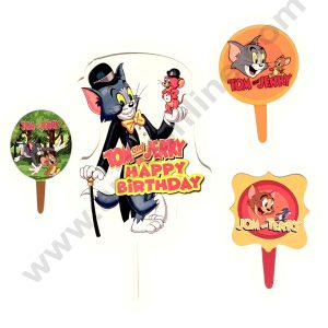Cake Decor™ 4 Pcs Happy Birthday Tom and Jerry Theme Paper Topper For Cake And Cupcake