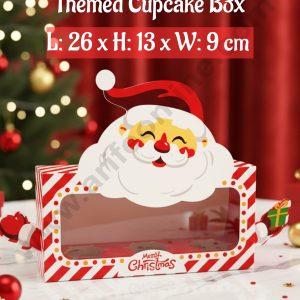 CAKE DECOR™ 3 Cavity Santa Claus Christmas Themed Cupcake Box with Clear Window and Handle - 1 Piece Pack