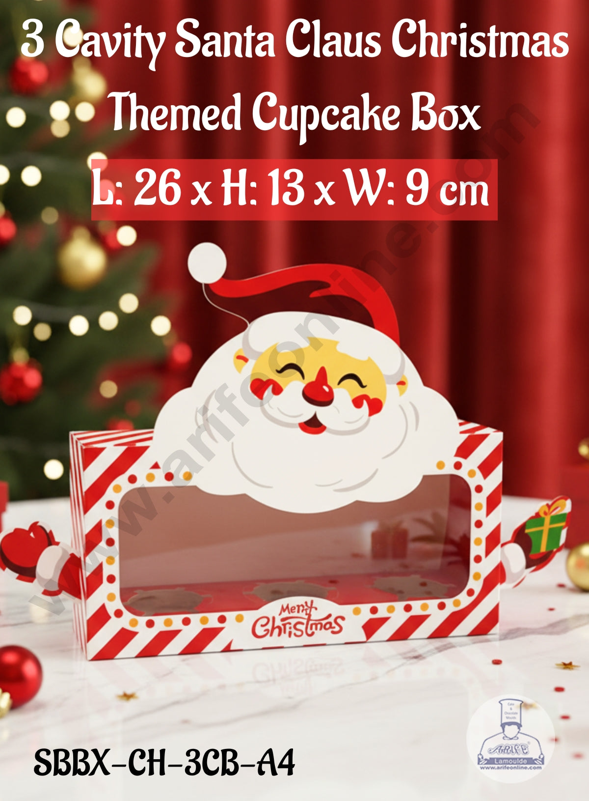 CAKE DECORβ’ 3 Cavity Santa Claus Christmas Themed Cupcake Box with Clear Window and Handle - 1 Piece Pack