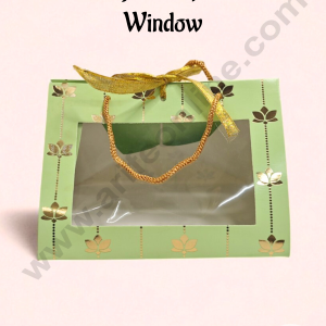 Green Triangle Hamper Box with Window β Gold Lotus Print & Rope Handle | 19 x 16 x 15 cm | 1 pc (SBBX-D-1509-G) - CAKE DECORβ’