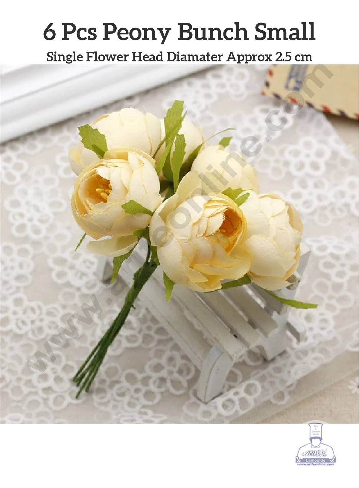 CAKE DECOR™ Small Peony Artificial Flower Bunch For Cake Decoration – Cream ( 6 pc pack )