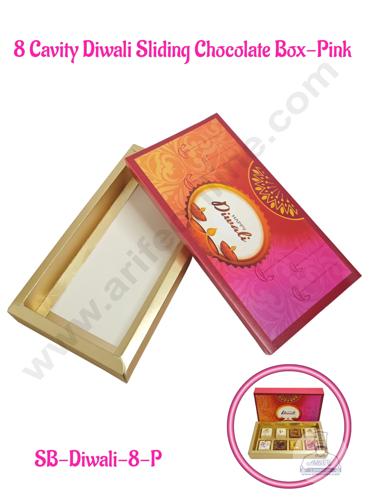 8 Cavity Diwali Sliding Chocolate Box Without Cavity - Pink (10 Pcs Pack) - CAKE DECOR™
