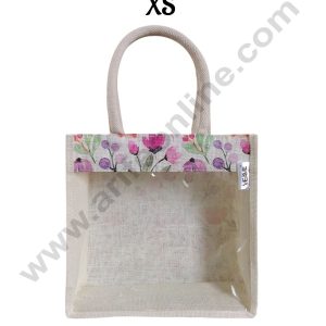 Floral Printed With Transparent Front Jute Hamper Carry Bag - XS - CAKE DECORβ’