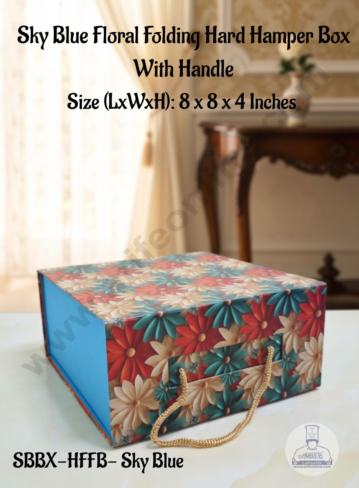 CAKE DECOR™ Sky Blue Floral Folding Hard Hamper Box With Handle | Gift Box | Present Box - 1 Pc |SBBX-HFFB-Sky Blue|