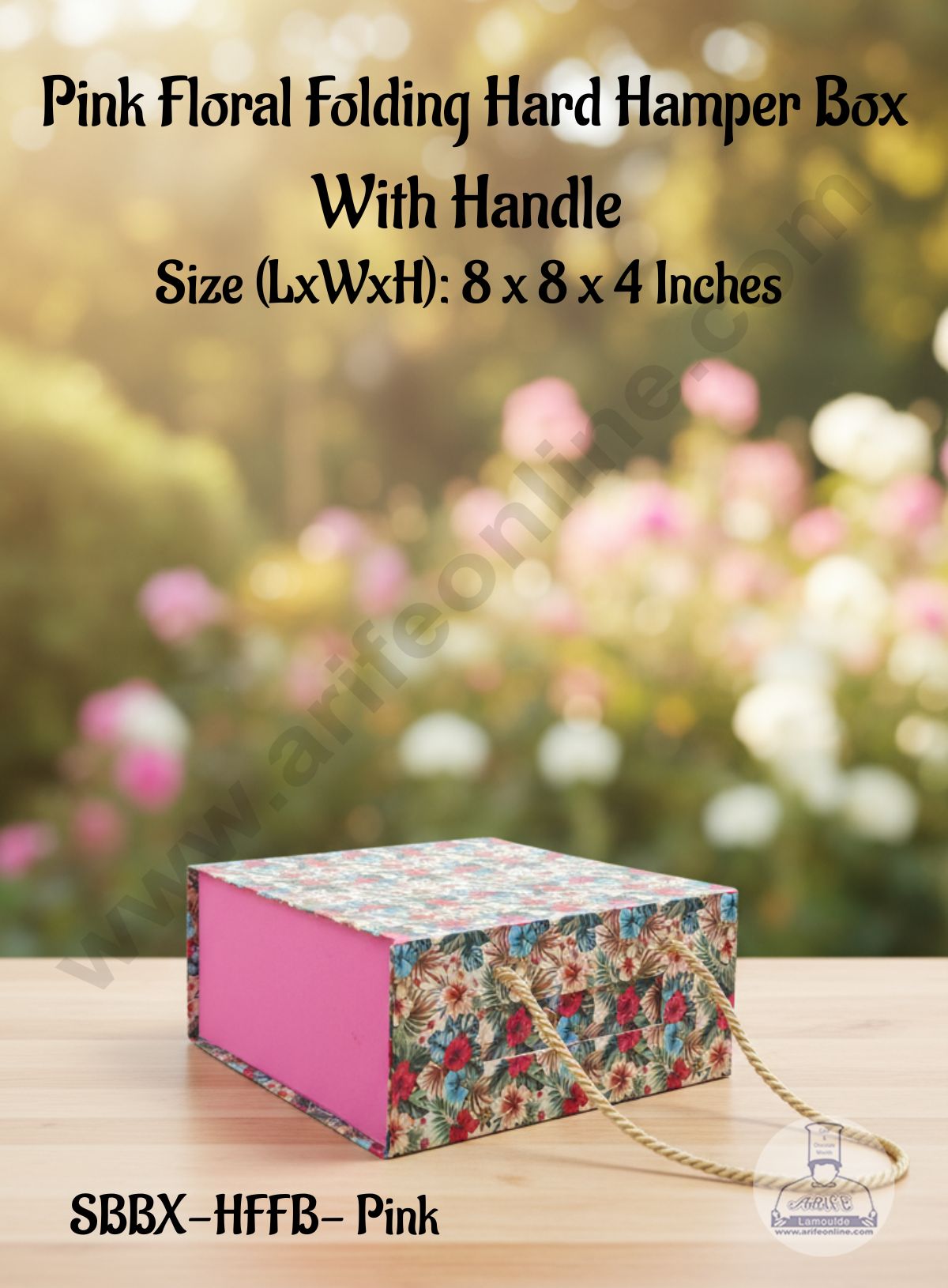 CAKE DECOR™ Pink Floral Folding Hard Hamper Box With Handle | Gift Box | Present Box - 1 Pc | SBBX-HFFB-Pink|