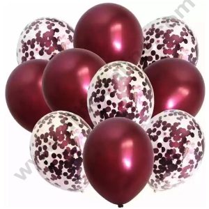 Cake Decor™ Maroon Red Metallic Balloons with Confetti Balloons Set ( Pack of 10 Pcs )