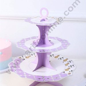 Cake Decor™ 3-Tier Purple Round Cardboard Silver Flower Shape Cupcake Stand-Heavy