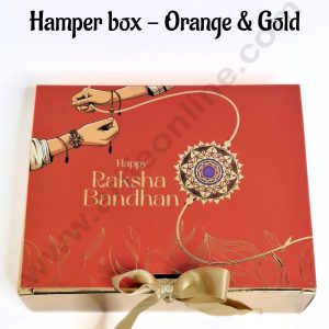 Happy Raksha Bandhan Foil Print Ribbon Hamper box - (1 Pc) Orange & Gold - CAKE DECORβ’