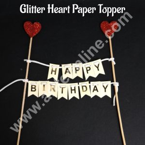 Cream Hanging Happy Birthday With Glitter Heart Paper Topper For Cake( 1pc ) CAKE DECOR™