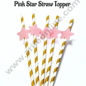 White and Gold Straw With Shiny Pink Star Straw Topper For Cake Decoration - CAKE DECOR™