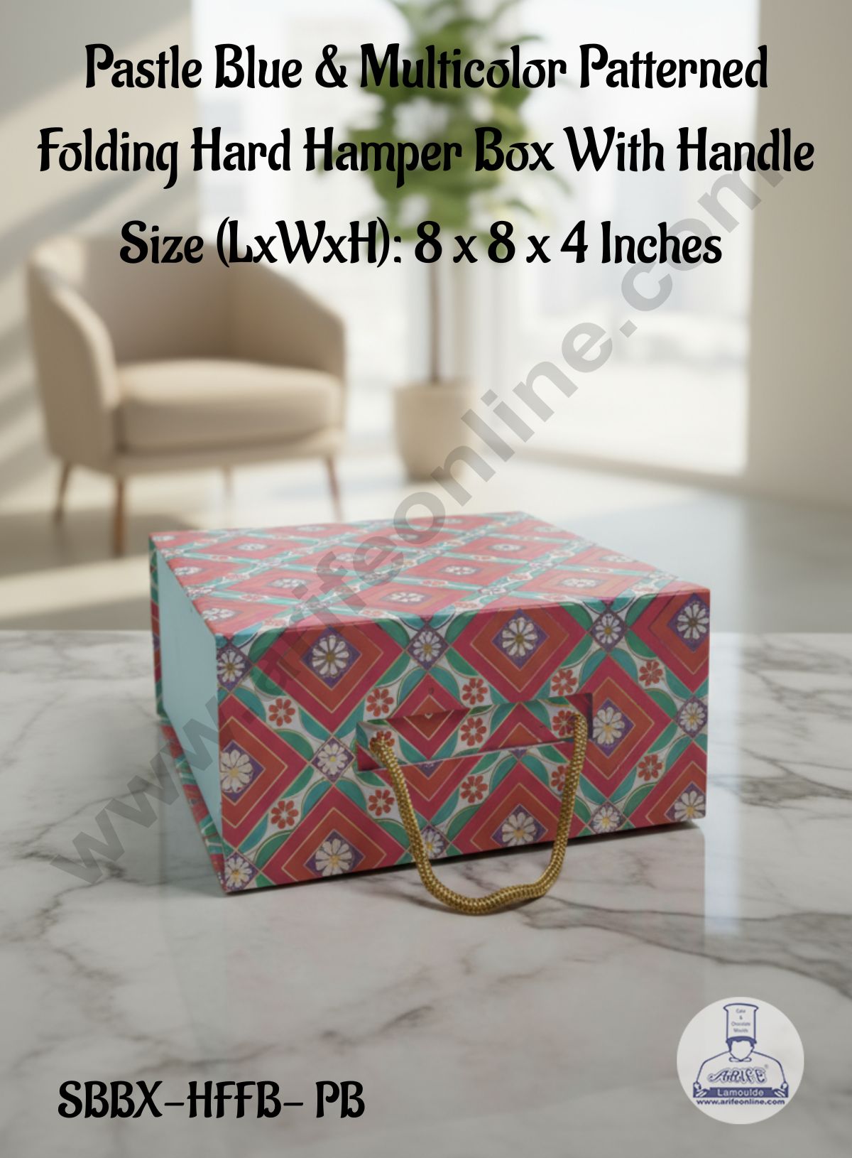 CAKE DECORβ’ Pastle Blue & Multicolor Patterned Folding Hard Hamper Box With Handle | Gift Box | Present Box - 1 Pc | SBBX-HFFB-PB|
