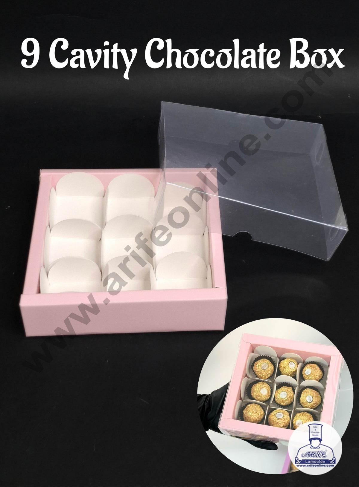 9 Cavity Premium Chocolate Box with Clear Lid | Pink | 1 Piece Pack