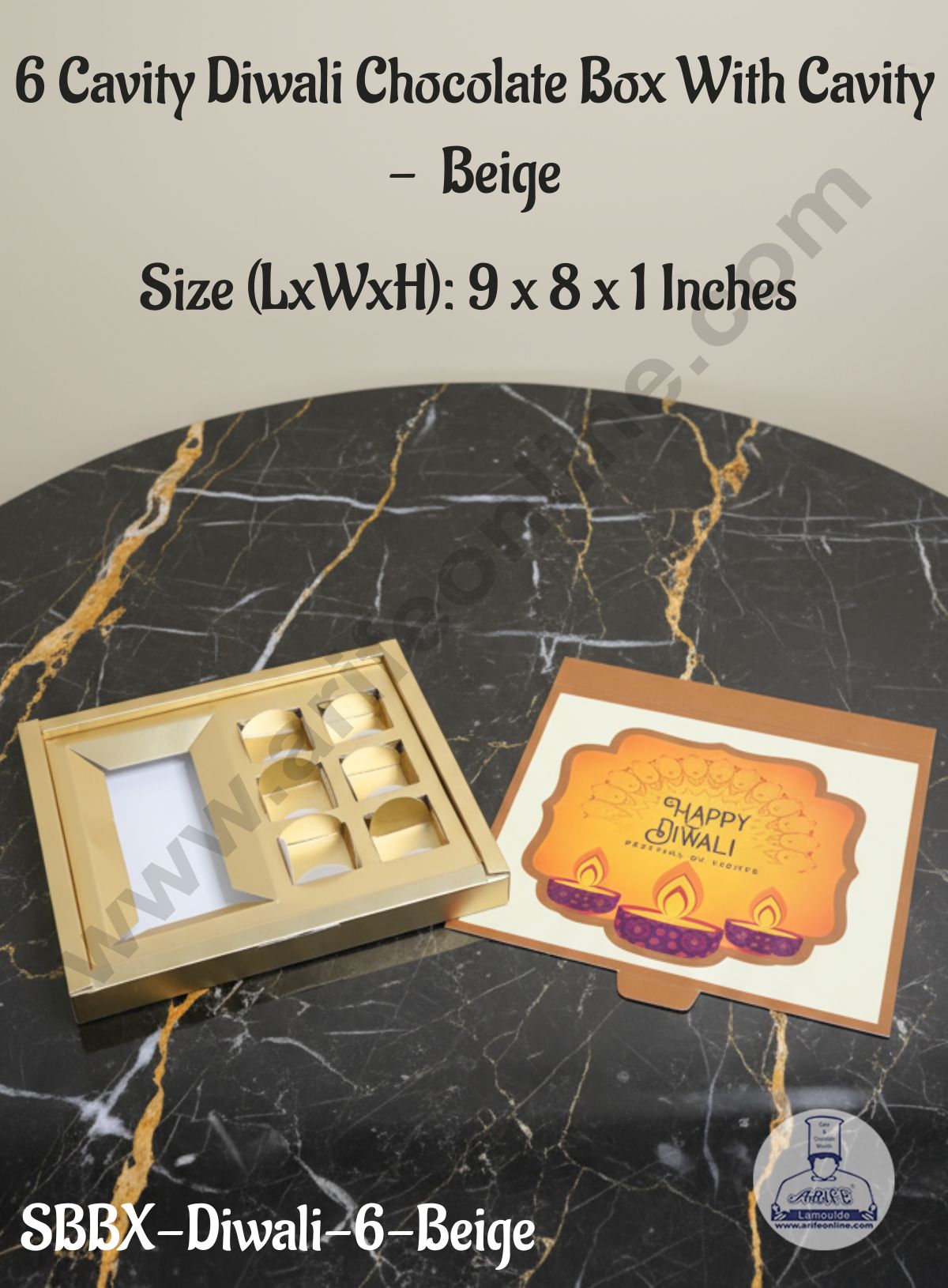 CAKE DECOR™ 6 cavity Diwali Chocolate Box With Cavity - Beige │ SBBX-Diwali-6-Beige │ 9 x 8 x 1 Inch │ 1 Pc Pack │