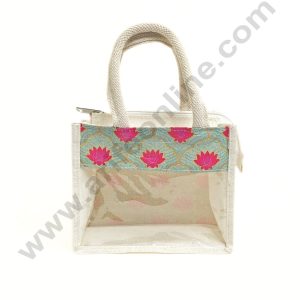 Lotus Printed With Transparent Front Jute Hamper Carry Bag - XS - CAKE DECORβ’