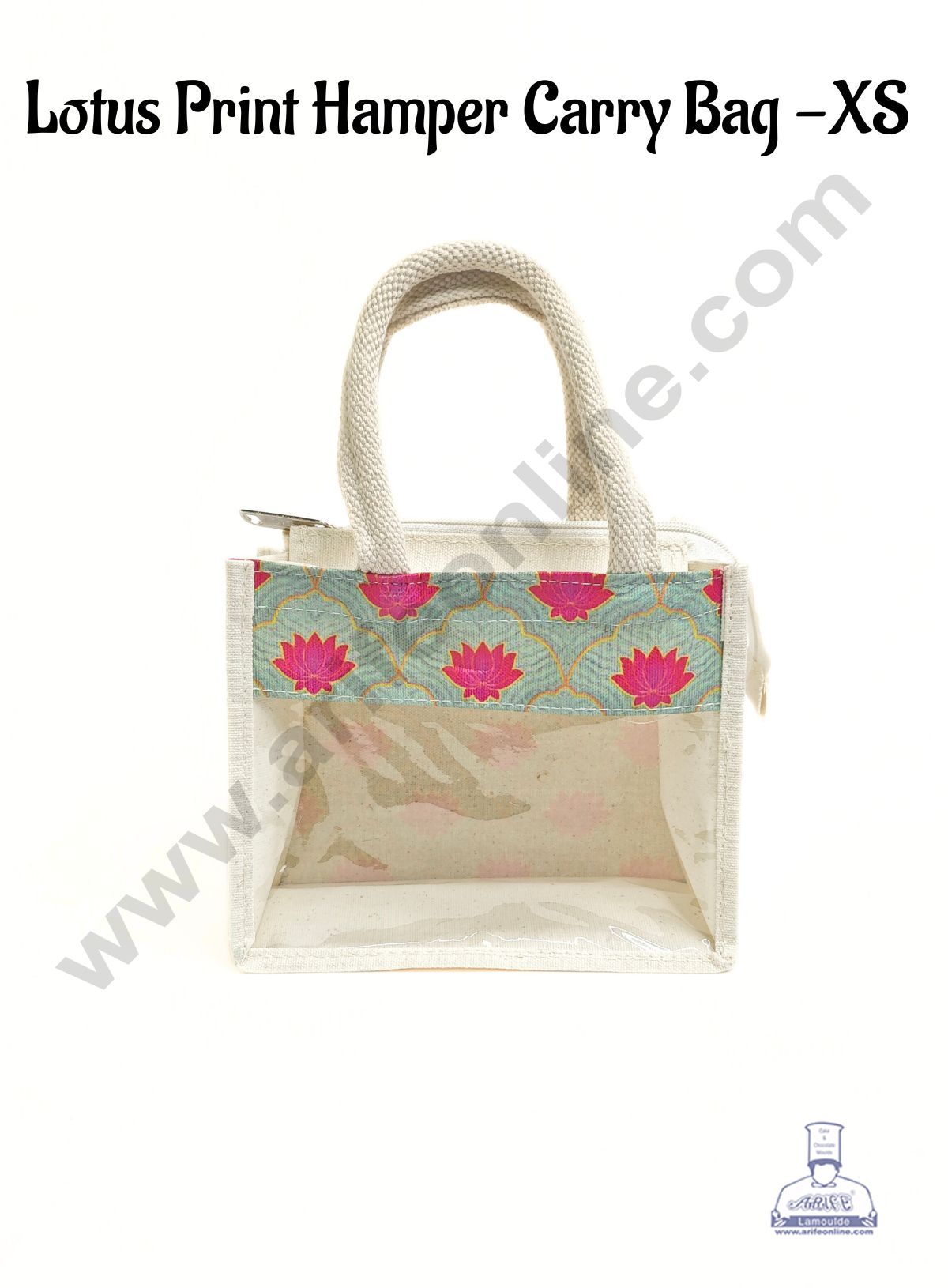 Lotus Printed With Transparent Front Jute Hamper Carry Bag - XS - CAKE DECORβ’